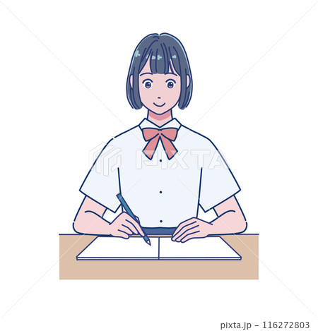 机で勉強するアニメ風の女子生徒 116272803