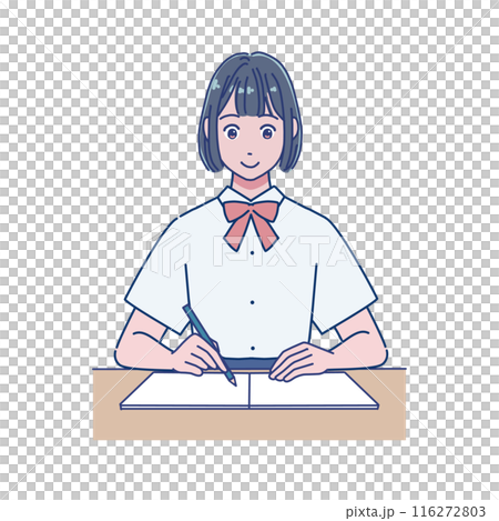 机で勉強するアニメ風の女子生徒 116272803