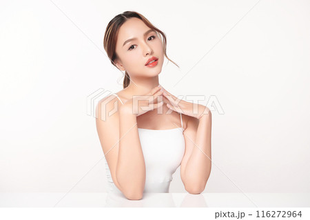 Beautiful young asian woman with clean fresh skin on white background, Face care, Facial treatment, Cosmetology, beauty and spa, Asian women portrait. 116272964