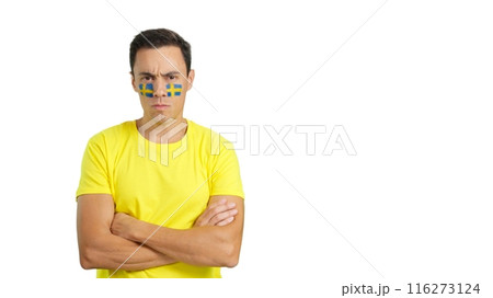 Dignified and serious man with swedish flag painted on face Dignified and serious man with swedish flag painted on face 116273124