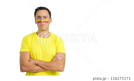 Dignified and serious man with colombian flag painted on face 116273171