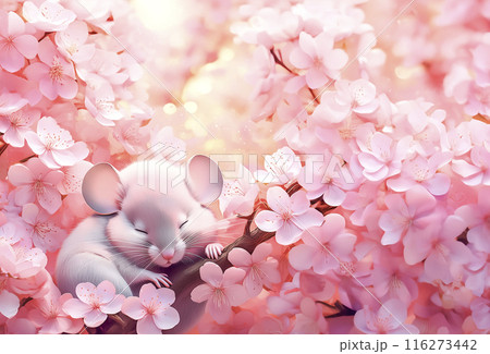 CG素材　子ネズミと桜のイメージ素材 116273442