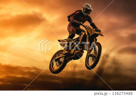 Photo of motocross jump silhouette with natural background Photo of motocross jump silhouette with natural background 116273488