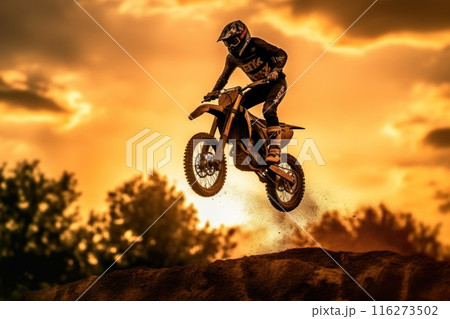 Photo of motocross jump silhouette with natural background Photo of motocross jump silhouette with natural background 116273502