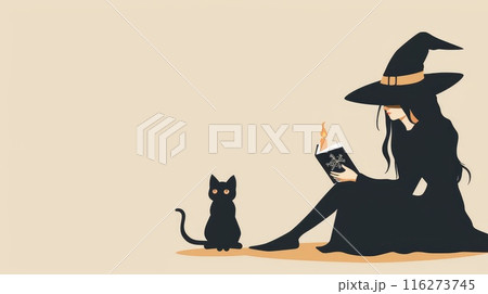 A woman in a black dress is reading a book while a cat sits next to her 116273745