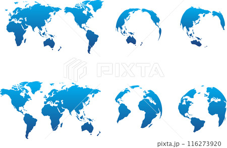 青のグラデーションの様々な世界地図のセット 116273920