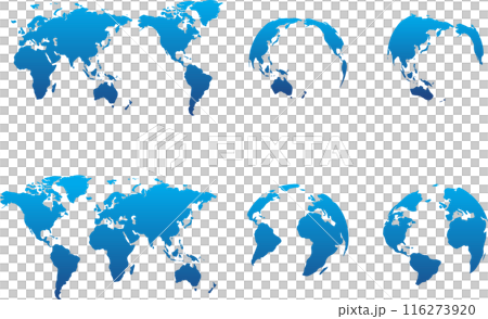 青のグラデーションの様々な世界地図のセット 116273920