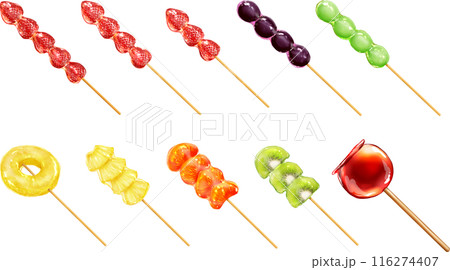 ベクター フルーツ飴色々 苺飴 ぶどう飴 パイン飴 みかん飴 キウイ飴 りんご飴 ベクター フルーツ飴色々 苺飴 ぶどう飴 パイン飴 みかん飴 キウイ飴 りんご飴 116274407