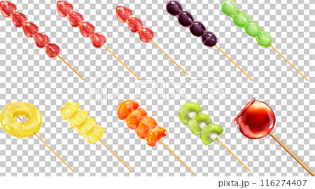 Vector Various fruit candies: Strawberry candy, Grape candy, Pineapple candy, Orange candy, Kiwi candy, Apple candy 116274407