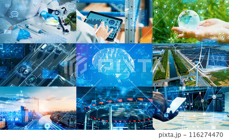 様々なテクノロジーイメージのコラージュ 116274470
