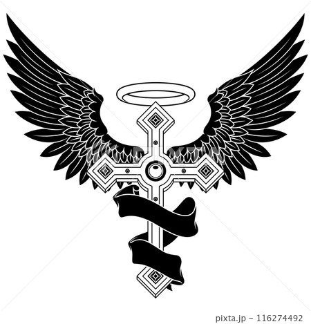Winged Christian cross with ribbon 116274492