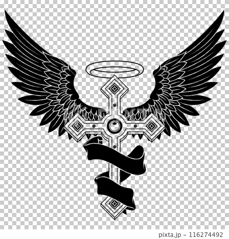 Winged Christian cross with ribbon 116274492