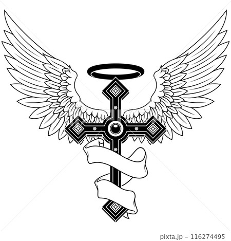 Winged Christian cross with ribbon Winged Christian cross with ribbon 116274495