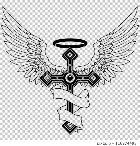 Winged Christian cross with ribbon 116274495
