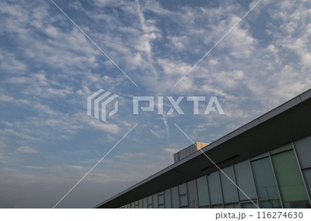 岩手県滝沢市の多目的施設の上に出た秋の雲と飛行機雲 116274630