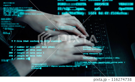 暗い部屋でパソコンを使う女性とプログラミングイメージ 116274738