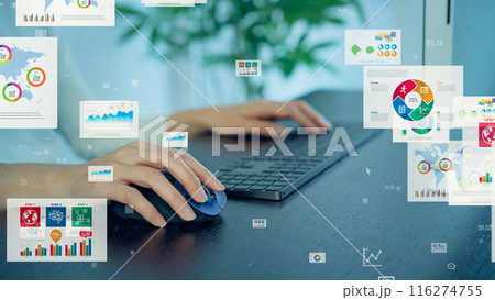パソコンを使う女性と統計データ 電子書類 パソコンを使う女性と統計データ 電子書類 116274755
