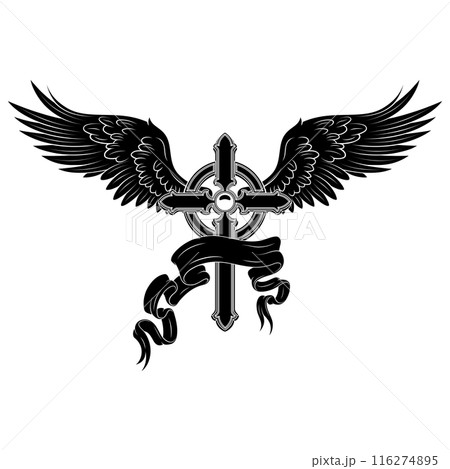 Winged Christian cross with ribbon 116274895