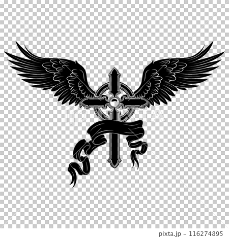 Winged Christian cross with ribbon 116274895