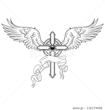 Winged Christian cross with ribbon Winged Christian cross with ribbon 116274896