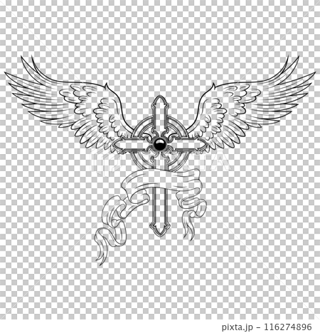 Winged Christian cross with ribbon Winged Christian cross with ribbon 116274896