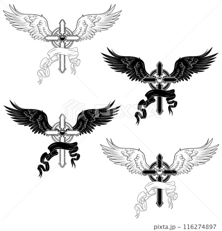 Winged Christian cross with ribbon Winged Christian cross with ribbon 116274897