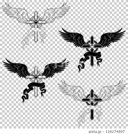 Winged Christian cross with ribbon Winged Christian cross with ribbon 116274897