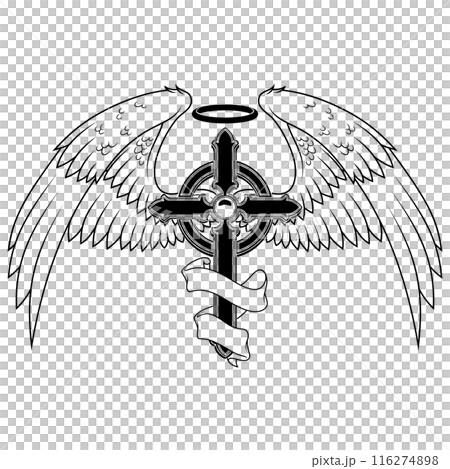 Winged Christian cross with ribbon Winged Christian cross with ribbon 116274898