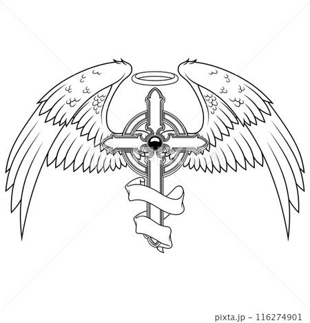 Winged Christian cross with ribbon Winged Christian cross with ribbon 116274901