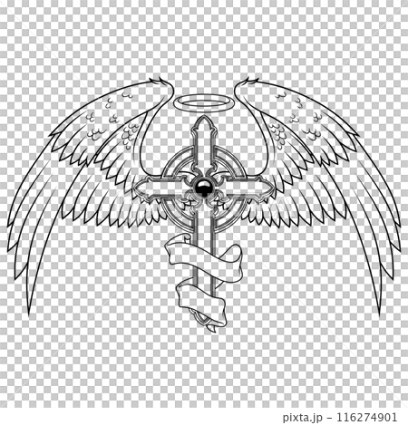 Winged Christian cross with ribbon Winged Christian cross with ribbon 116274901