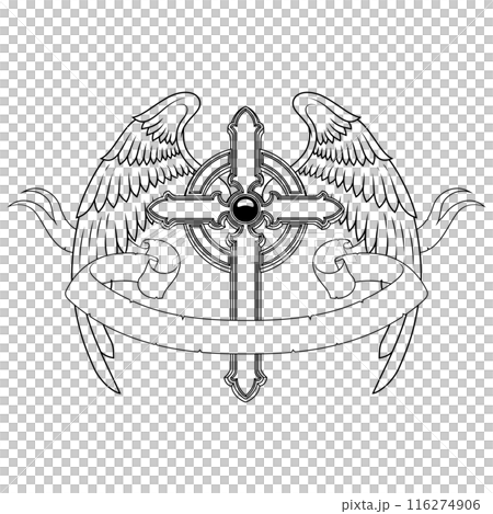 Winged Christian cross with ribbon 116274906