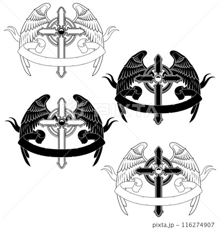 Winged Christian cross with ribbon 116274907