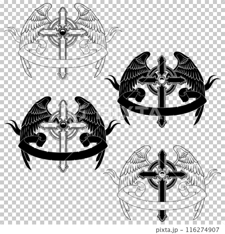 Winged Christian cross with ribbon 116274907