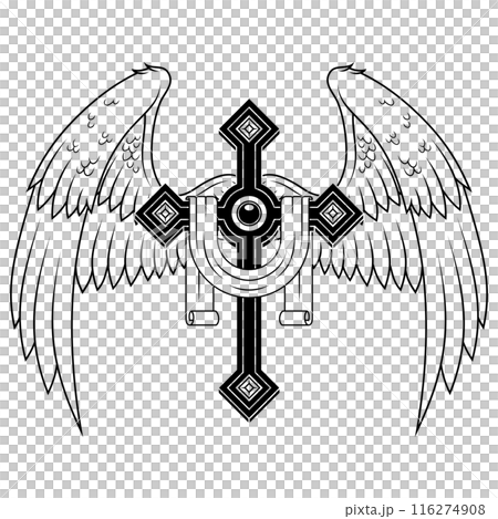 Winged Christian cross with ribbon 116274908