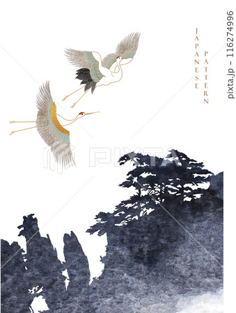 Japanese background with crane birds or herons element vector. Tree silhouette decorations with black watercolor painting texture in vintage style. Abstract art banner design. 116274996