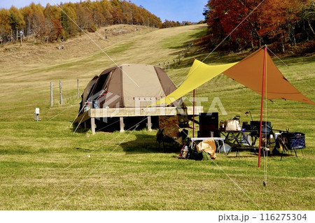 富士見高原スキー場にグランピングのテントが張られている風景 長野県諏訪郡富士見町 富士見高原スキー場にグランピングのテントが張られている風景 長野県諏訪郡富士見町 116275304