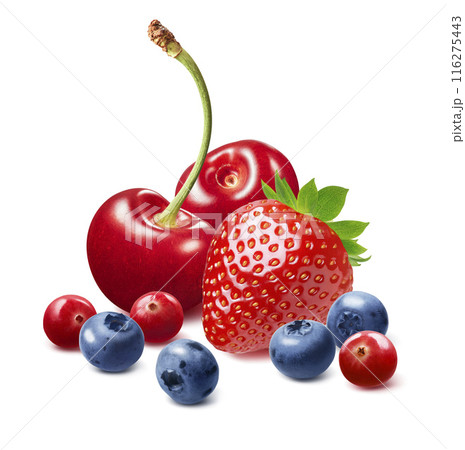 Sweet cherry, strawberry, blueberry, cranberry berry mix isolated on white background Sweet cherry, strawberry, blueberry, cranberry berry mix isolated on white background 116275443