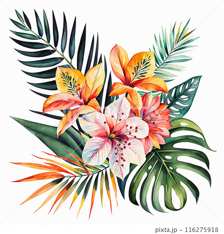 Watercolor style, tropical flower bouquet element isolated on white background. Hand drawn plants for the design of cards, bouquets, textiles Watercolor style, tropical flower bouquet element isolated on white background. Hand drawn plants for the design of cards, bouquets, textiles 116275918