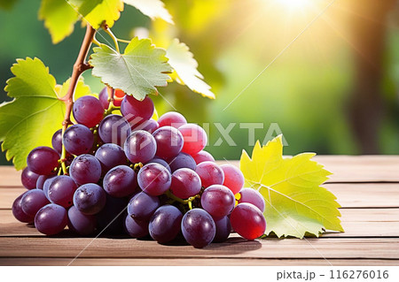 Red grapes on wooden table, Red grapes with sunlight, sweet Red grapes on wood background. 116276016