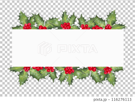 Christmas horizontal frame of red holly berries with leaves. Illustration of a watercolor background with space for text. Decoration for the New Year, seasonal holidays. Hand drawn isolated backdrop. Christmas horizontal frame of red holly berries with leaves. Illustration of a watercolor background with space for text. Decoration for the New Year, seasonal holidays. Hand drawn isolated backdrop. 116276113