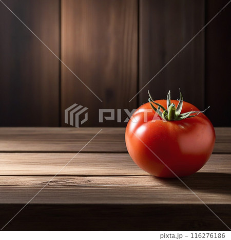 Red tomato on wooden table, highlighted from the window. Play of light and shadow. top view 116276186