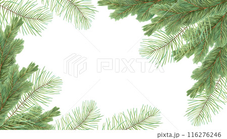 Horizontal frame made of pine and spruce branches. Illustration with watercolor and marker. Christmas background with evergreens. Hand drawn isolated art. Natural backdrop for the New Year with cedar Horizontal frame made of pine and spruce branches. Illustration with watercolor and marker. Christmas background with evergreens. Hand drawn isolated art. Natural backdrop for the New Year with cedar 116276246
