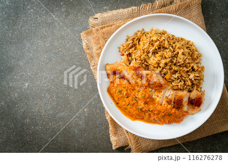 grilled chicken steak with red curry sauce and rice 116276278