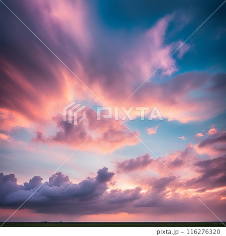 Sky,clouds background and texture. Dramatic amazing sky and clouds from above at sunset. Abstract pastel sky, coluds concept. 116276320
