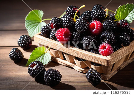 Fresh blackberries on wooden table, blackberries with sunlight, sweet berry on wood background. 116276553