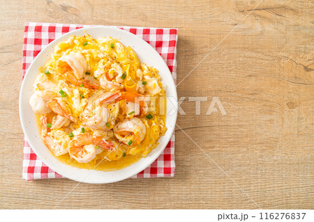 creamy omelet with shrimps or scrambled eggs and shrimps creamy omelet with shrimps or scrambled eggs and shrimps 116276837