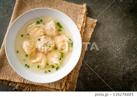 shrimp dumpling soup in white bowl 116276885