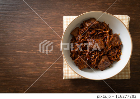 Jjapaguri or Chapaguri, Korean Black Beans Spicy Noodles with Beef 116277282