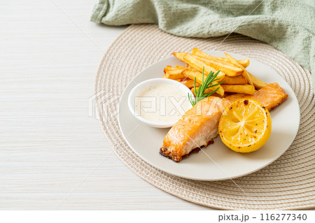 fried salmon fish and chips 116277340