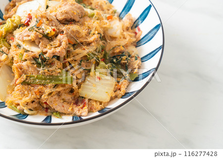 Stir-Fried Thai Styled Sukiyaki or Stir-fried vermicelli with pork and vegetables in sukiyaki sauce 116277428